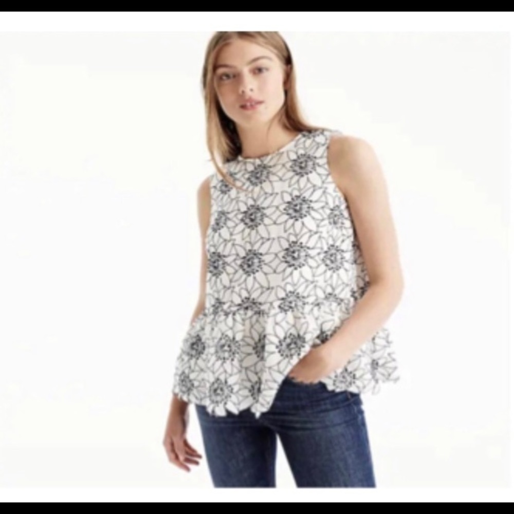 JCrew Black and White Floral Peplum Top